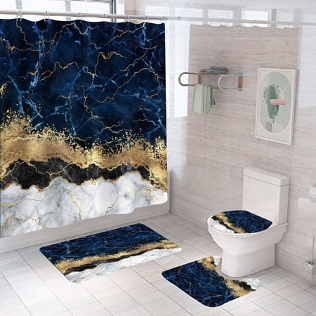 4 Pcs Shower Curtain Set with Rugs, Toilet Lid Cover Bath Mat, Abstract Marble Stone Decoration Shower Curtain with 12 Hooks, 71x71 In Waterproof Shower Curtain for Bathroom Set