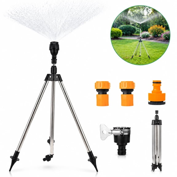 Automatic Rotating Tripod Sprinkler – Stainless Steel Garden Sprinkler with 360° Watering Nozzle & Adjustable Tripod Stand