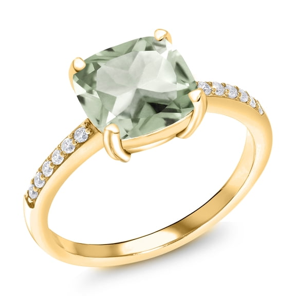 Gem Stone King 2.17 Ct Cushion Green Prasiolite 18K Yellow Gold Plated Silver Ring