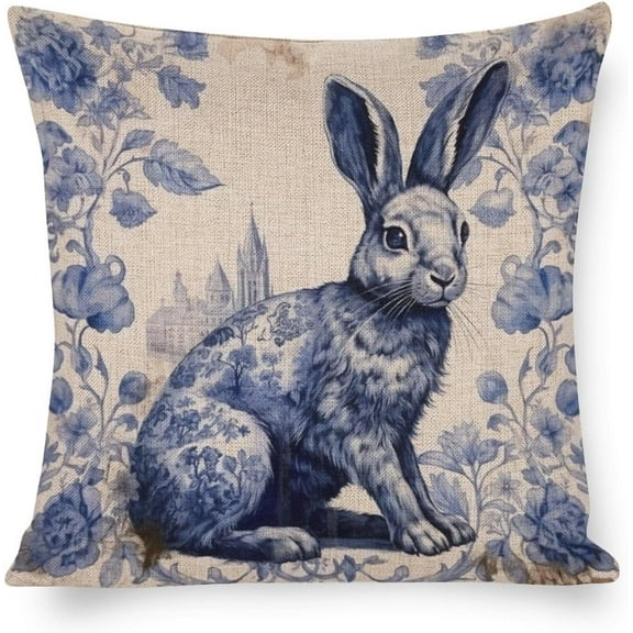 Farmhouse Throw Pillows Rustic Blue Dutch Rabbit Pillowcases 18"x18" Vintage Farmhouse Bunny Decorations Throw Farmhouse Pillowcase Linen Cushion Case Pillow Case Decoration for Sofa Couch