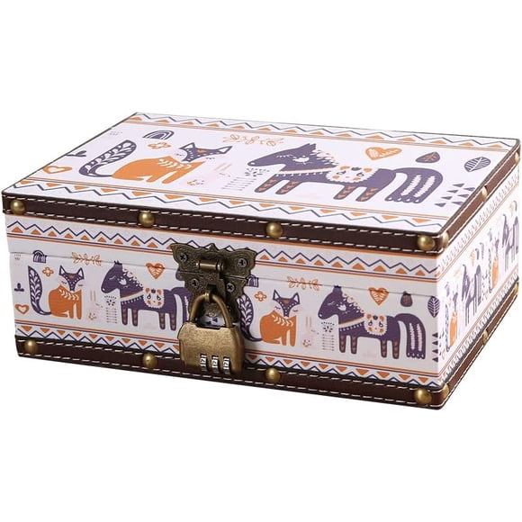WANLIAN Wood and Leather Treasure Chest with Lid and Lock-Decorative Jewelry Keepsake Storage Box for Kids, Teenagers,for Birthday Wedding，Christmas Day (Fox&Horse, Large)