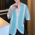 thumbnail image 3 of Xioeram Summer Men Shirt Knitted Color Matching Lapel Elastic Japanese Style Single-breasted Short Sleeves Retro Antu-shrink Casual Vacation Beach Top Knitwear, 3 of 7