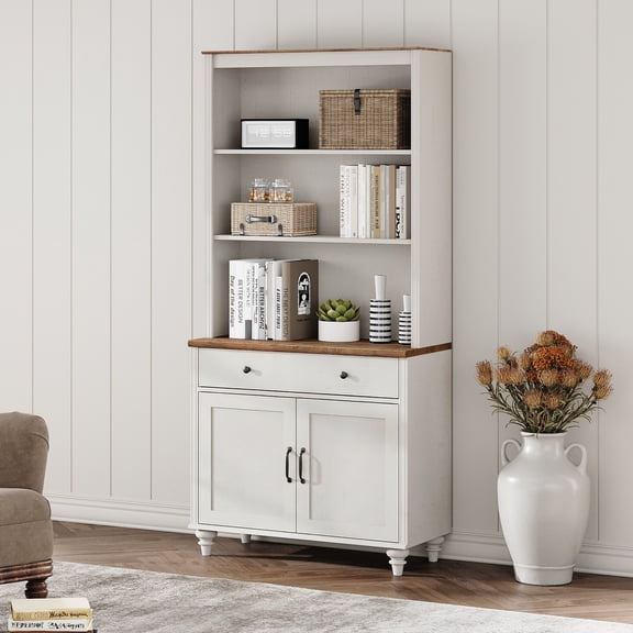 WAMPAT Large Farmhouse Display Bookcases with Adjustable Shelves and Storage Cabinet ,5 Tier Bookshelf 72" Tall Bookcase with Wooden Doors, Library Wooden Bookshelves for Living Room, Office, White