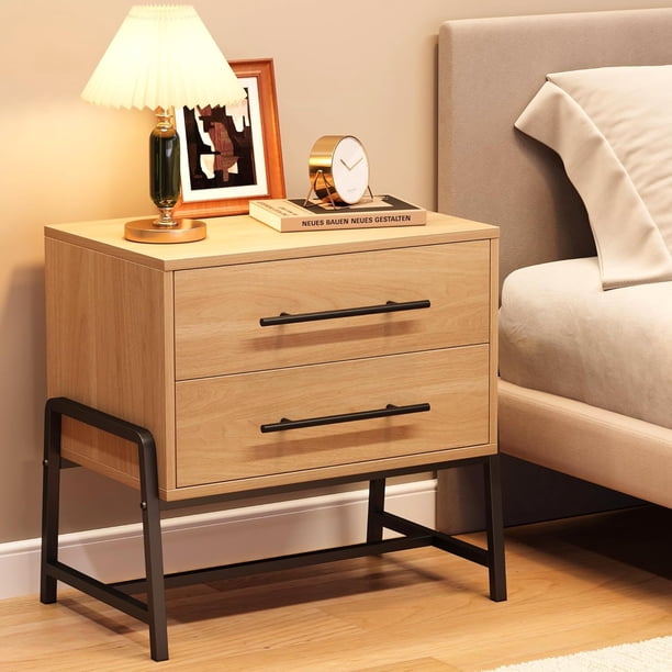 Nightstand con cajones light wood bedside mesa con almacenamiento de anchura side mesa con metal legs-moderno mid-century night stand para dormitorio o sala de estar