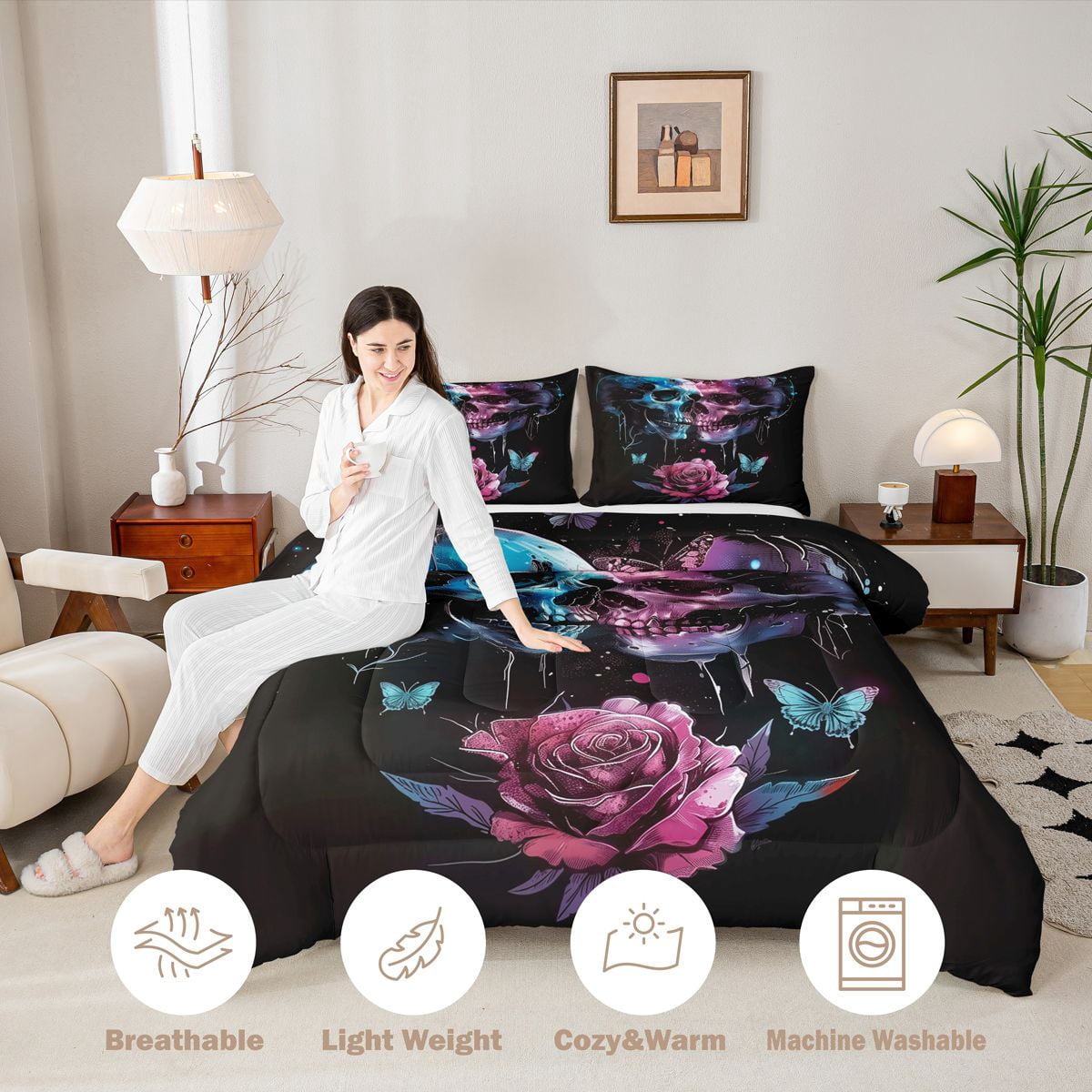 Erosebridal Teens Pink Rose Sugar Skull Twin Comforter Sets 3-Piece,Gothic Flowers Butterflies Bedding Set for Boys Girls,Black Reversible,Breathable Home Decor