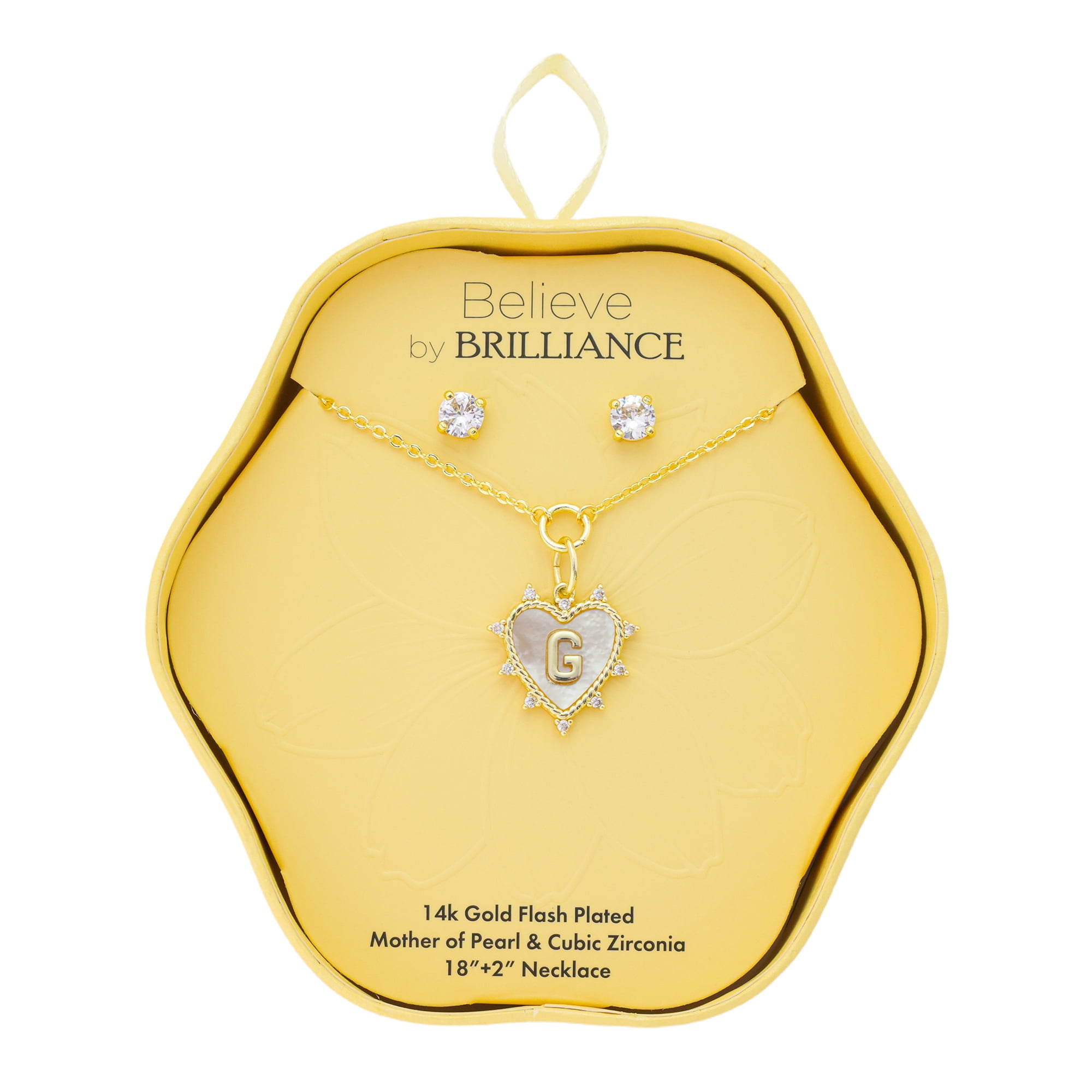 Believe by Brilliance Women's 14Kt Gold Flash Plated Mother of Pearl and Cubic Zirconia Heart "G" Necklace and Earring Set