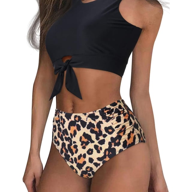 Conjunto de tankini con nudo para mujer, cintura alta fruncida, 2 piezas, bonitos trajes de baño