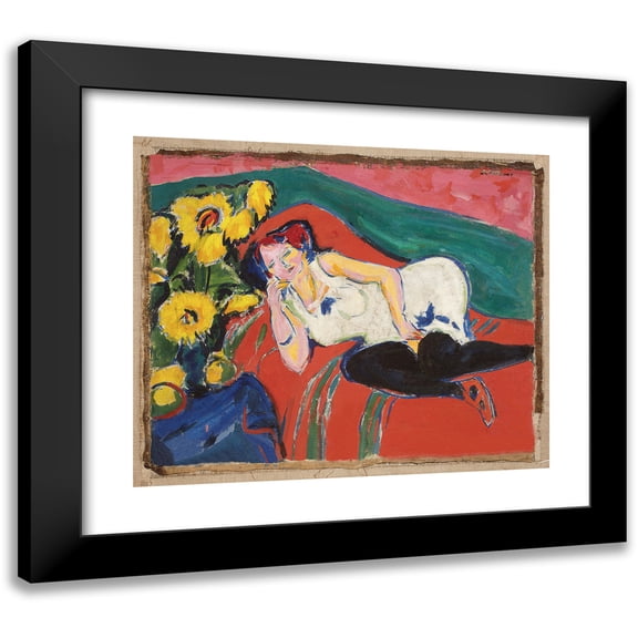 Ernst Ludwig Kirchner 14x12 Black Modern Framed Museum Art Print Titled - Reclining Woman in a White Chemise (ca. 1909)