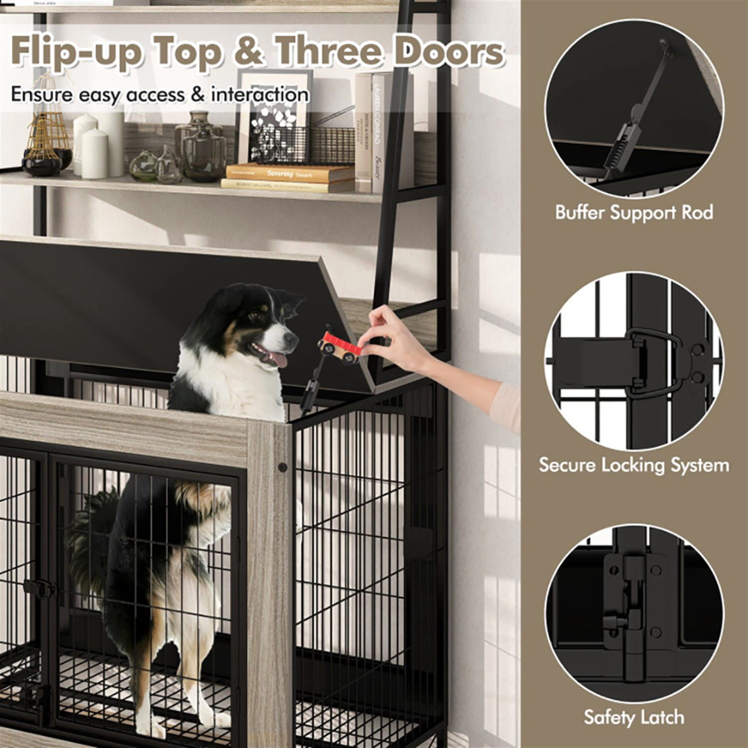 Demi Bonn 38" Industrial Dog Crate Furniture with Storage Shelves, Wooden Kennel Table with Double Doors, Indoor Dog House for Medium Dogs, Gray