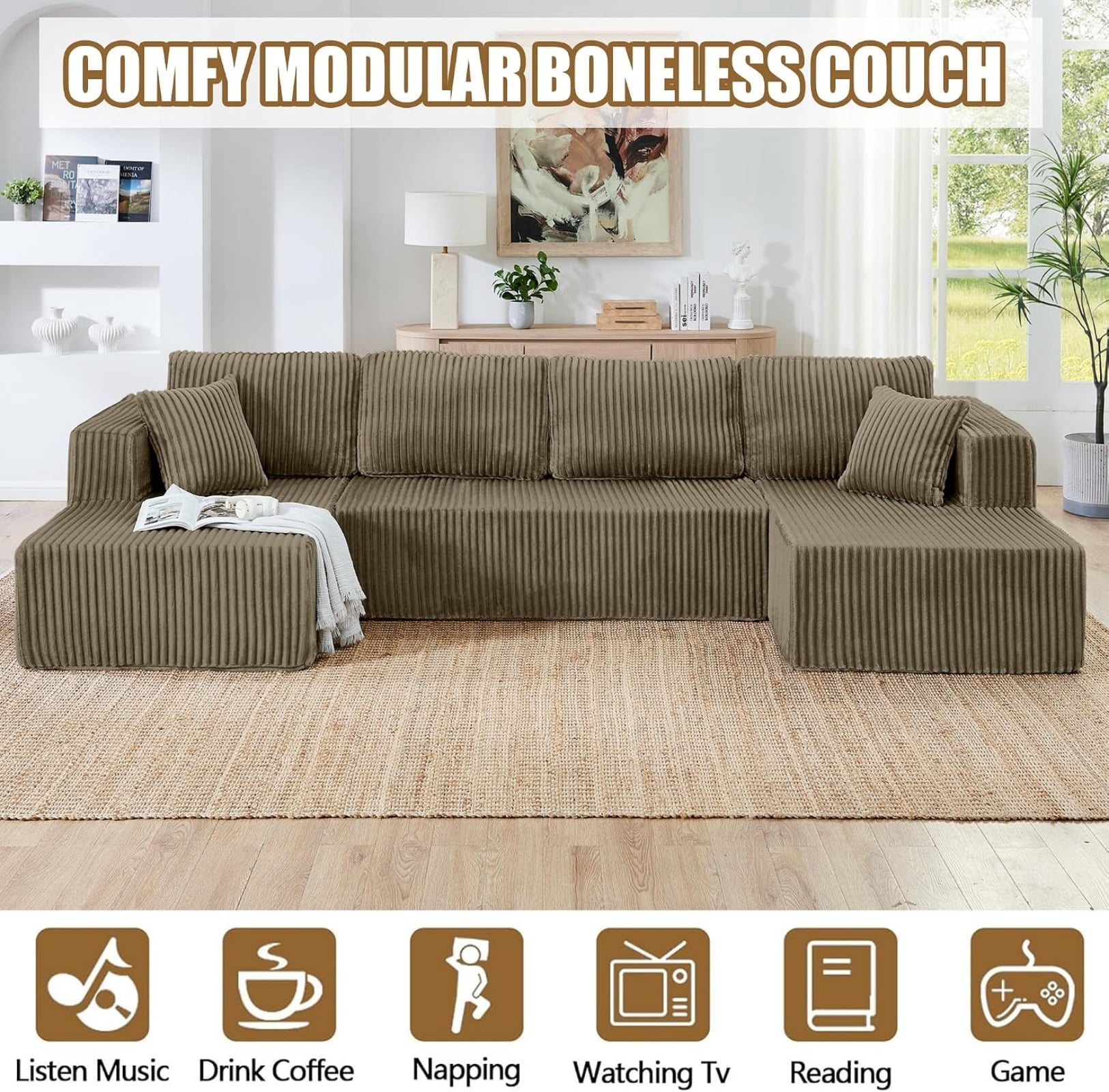 U Shape Modular Sectional Sofa with Chaise, Modern Minimalist Corduroy Couch with Sleeper Design, Comfy Space-Efficient Modular Sofa Set for Living Room, Apartment