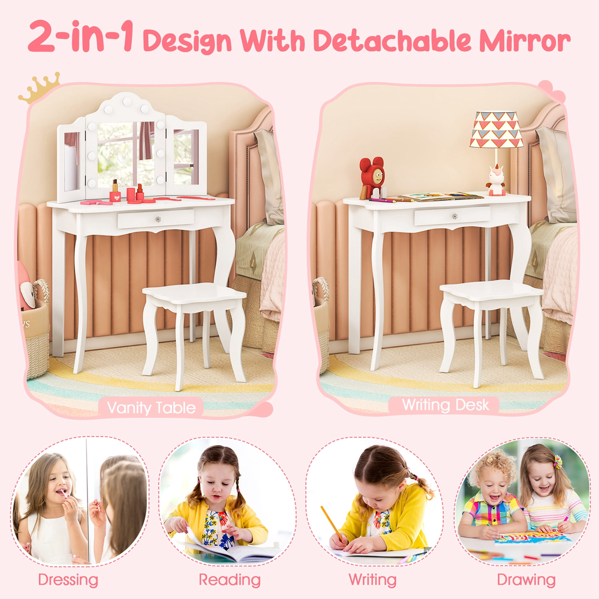 Costway Kid Vanity Table Stool Set Tri-Folding Mirror Adjustable 3-Color LED Light White