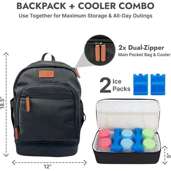 EMBUR Diaper Bag Backpack with Detachable Insulated Cooler Waterproof Lightweight Baby Bag Multi-Compartments Stroller Straps Changing Pad Large Capacity Ice Packs Included
