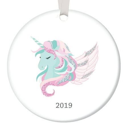 Pretty Unicorn Christmas Ornament Dated 2019, Little Girl Pink & Mint Cute Xmas Present Baby Newborn Ceramic Porcelain Keepsake 3