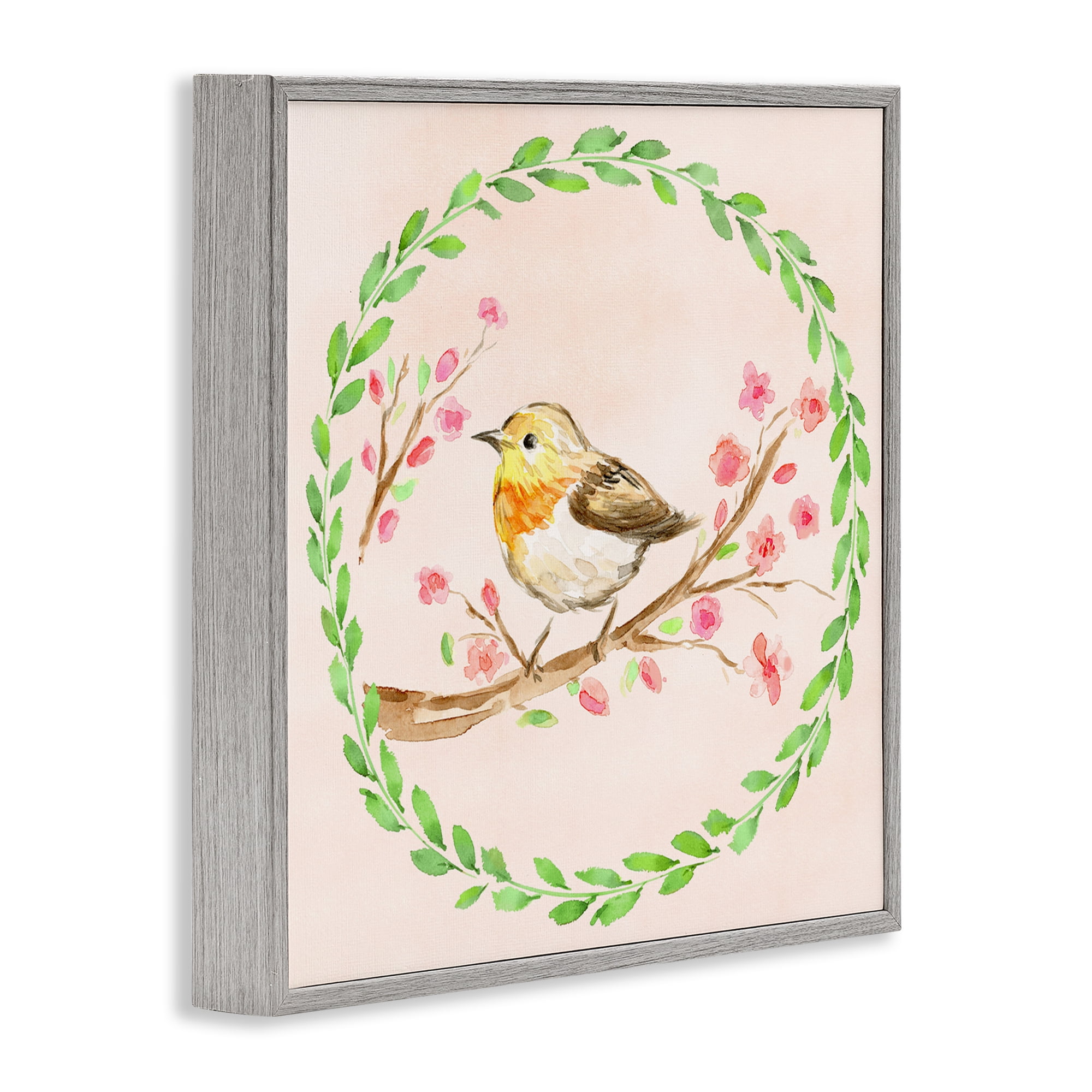 Spring Wreaths Bird Gray Framed Giclee Art, design by Elena Fay
