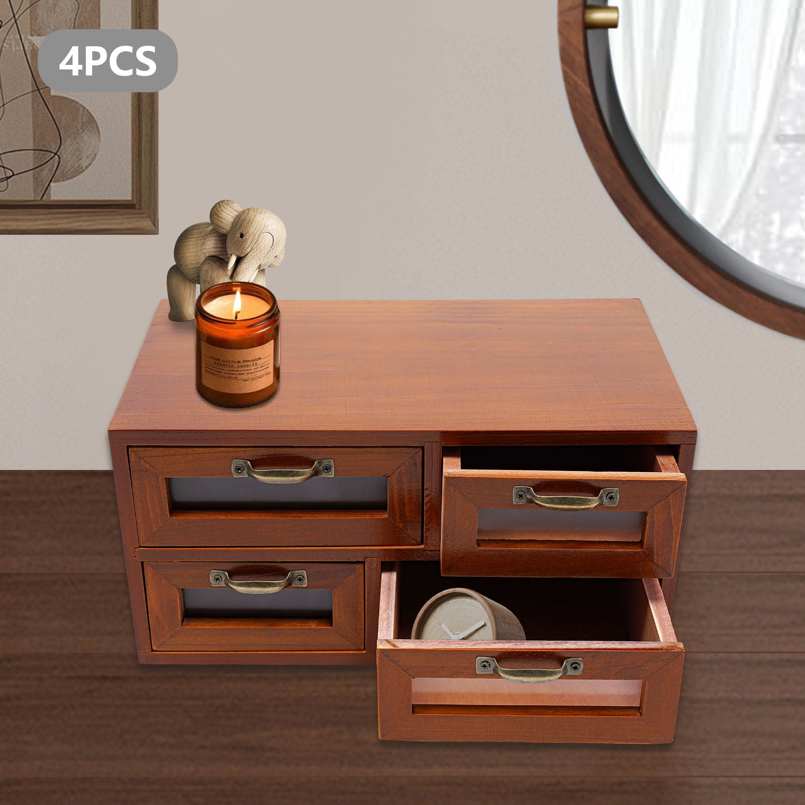 Vintage Small Wooden Desktop Storage Box Drawer Display Shelf Organizer Craft for Bedroom, Living Room