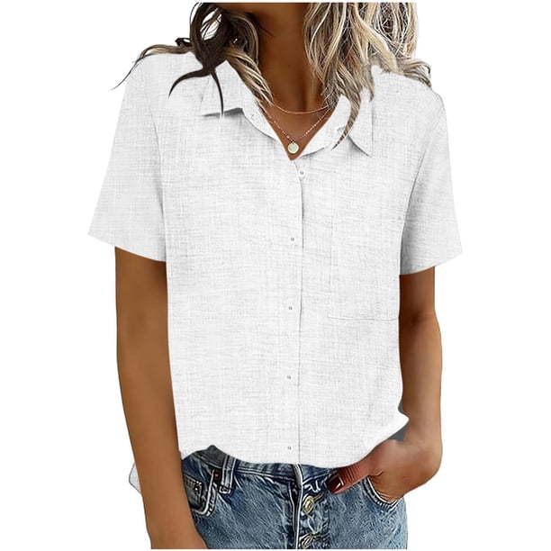 Mujeres Manga Corta Tops Casual Color Sólido Bolsillo Manga Corta Blusa Botón Arriba Cuello de Giro Casual Blusas de Manga Corta para Mujeres