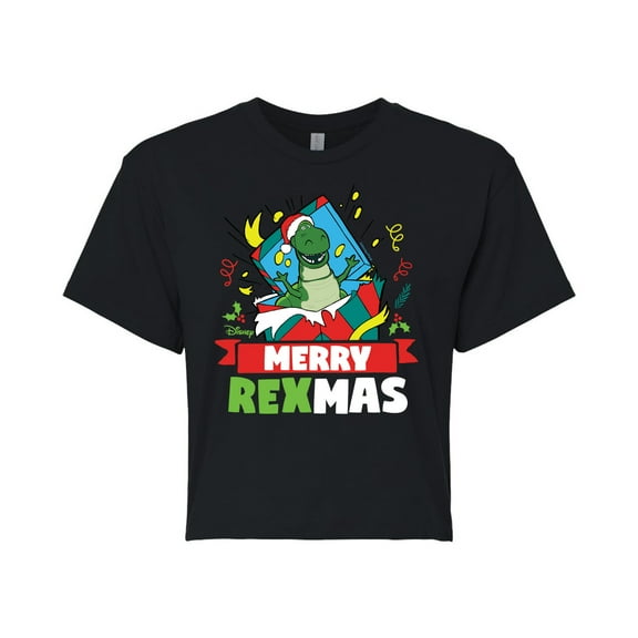 Toy Story - Merry Rexmas - Juniors Cropped Cotton Blend T-Shirt