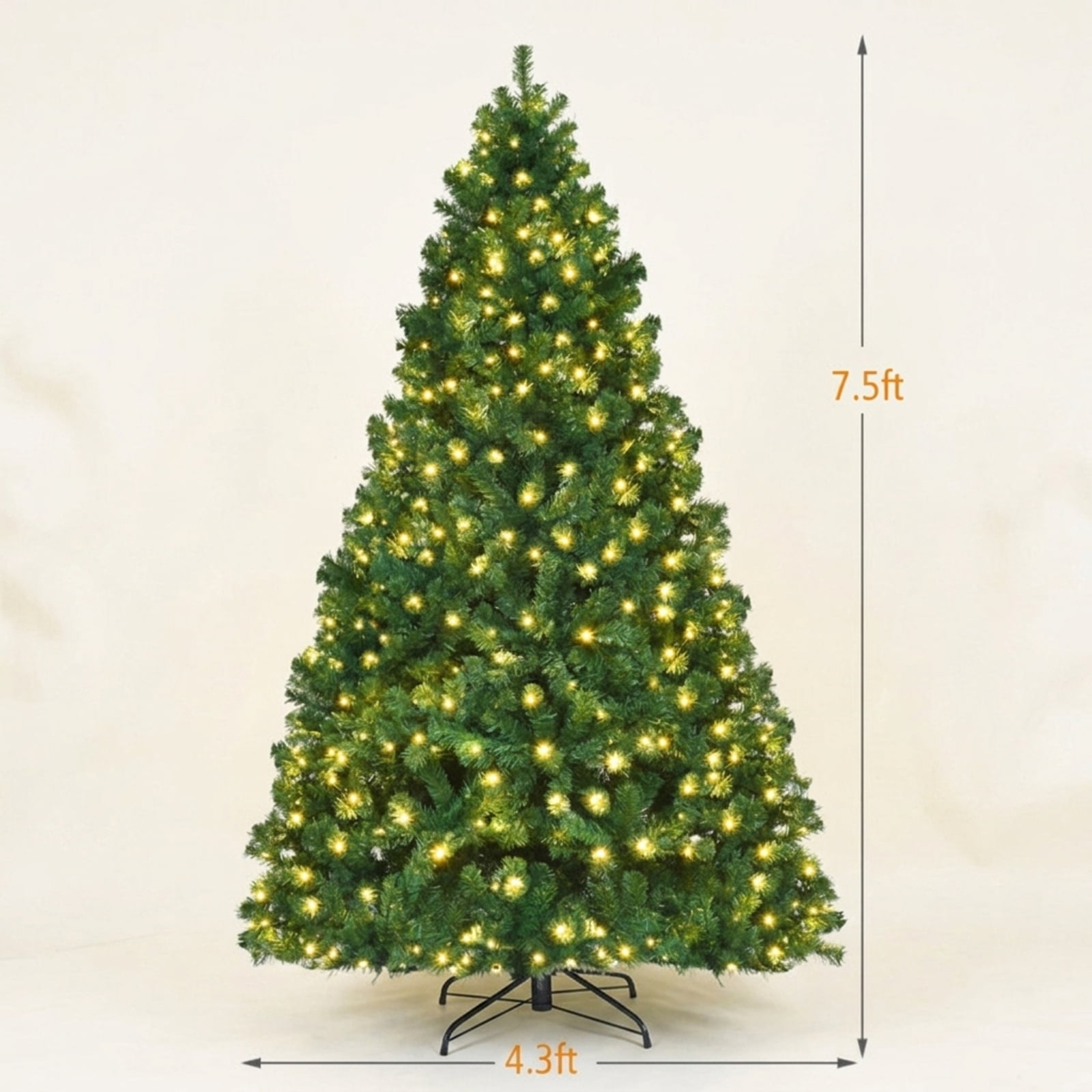 RUIE, 7.5 ft, Pre-Lit Artificial Christmas Tree, Tall Pre-Lit Christmas Tree, 1346 Branch Tips, Green, Hinged Branches for Christmas Party Living