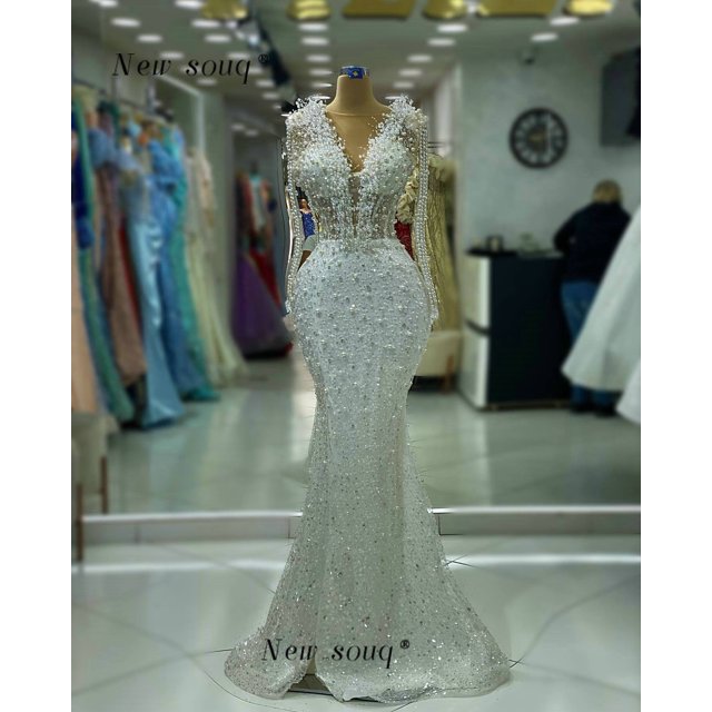 Robes de Soirée Sirène Perles Longues Ivoire Classy pour Femmes 2024 Sans Manches Occasions Formelles Mariage Dîner