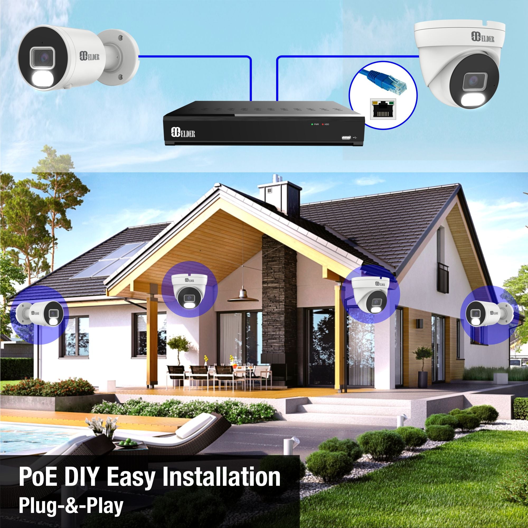 Elder Security Camera System 4K 8MP, 8Ch PoE NVR 6-Camera Surveillance Kit Outdoor 2TB HDD Audio, Wired Home Security Camera System DIY, Hunter-LE Series