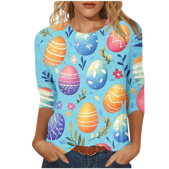 successthop Bunny Shirts for Women Bunny Casual 3/4 Sleeve Holiday T Shirts Crewneck Top Loose Spring Vacation Clothes M
