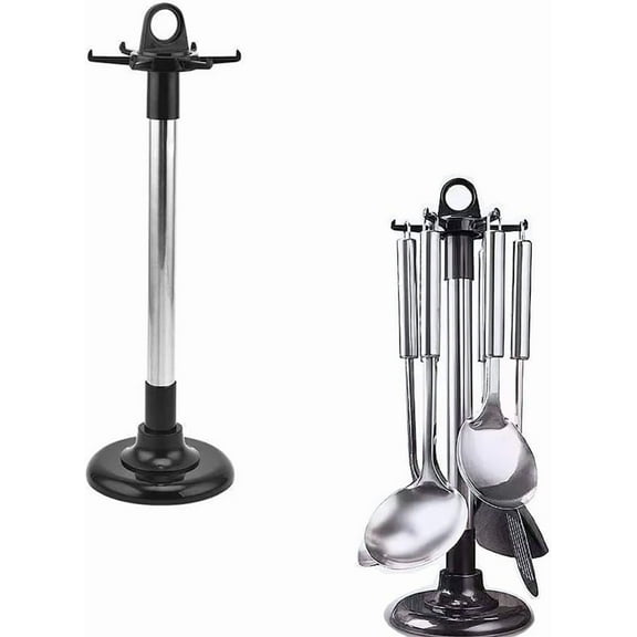 Kitchen ware Storage Rack, Stainless Steel Kitchen Utensil Holder Organizer, Countertop 360 Degree Rotating Utensil Holder for Kitchen Counter with 6 Hooks.