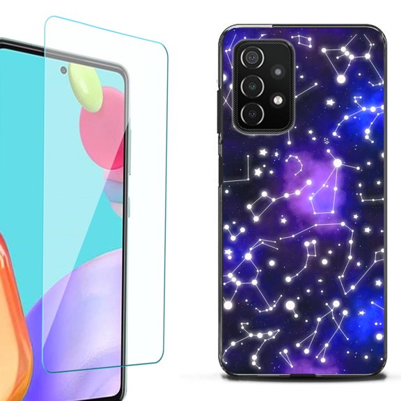 Slim-Fit Flexible TPU Gel Phone Case (black) for Samsung Galaxy A52 5G, with Tempered Glass Screen Protector, by OneToughShield ® - Constellations