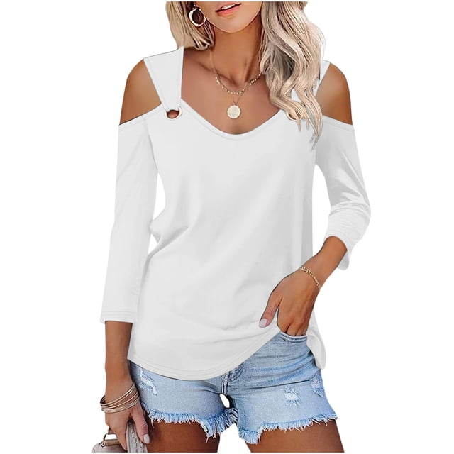 RXIRUCGD Femmes Uni Manches 3/4 Col en V Chandail Sans Bretelles Hauts Chemises Blouse, Blanc, Taille : M