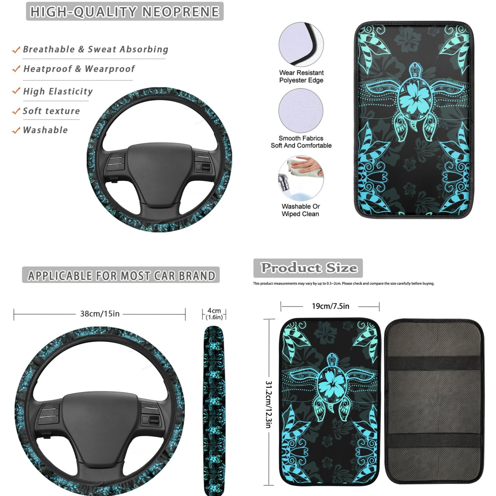 Jeiento Sea Turtle Auto Accessories Set Car Seat Cover Protector Car Floor Mats Steering Wheel Cover Seatbelt Shoulder Pad Armrest Cover Coasters Lipstick Holder Keychains 17 PCS Car Decor
