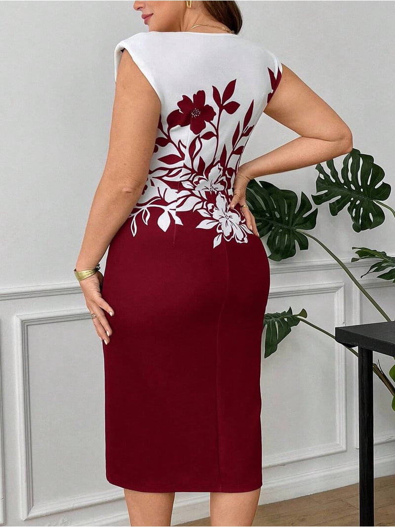 plus size burgundy bodycon dress Womens Floral Print Midi Dress, Elegant Fitted Sleeveless Men's Brown Dress Sneakers