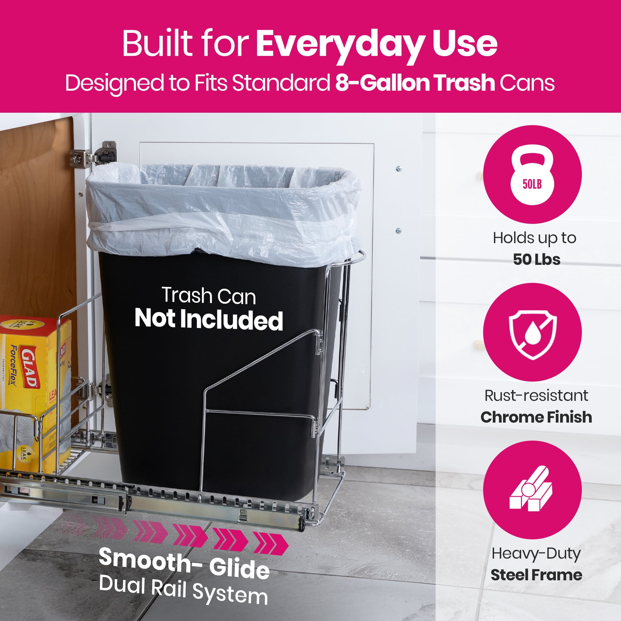 Pull Out Trash Can Under Cabinet - Adjustable, Heavy Duty, Anti Rust Chrome Finish -  Trash Can Not Included - Dedicated Space for Disposable Trash Bags, Requires a 11” Cabinet Opening,