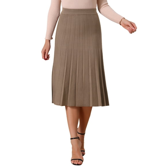 INSPIRE CHIC Women's Pleated Skirts High Waist Stretchy A Line Ribbed Knit Sweater Midi Skirt Fall Winter Outfits L Brown