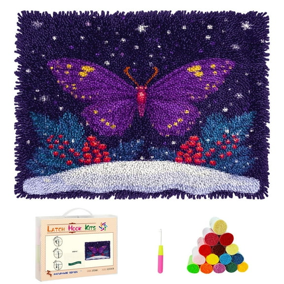 DIY Latch Hook Rug Kits Cartoon Butterfly and Flower Christmas Background Stamped Non-slip Mat Crocheting Yarn Hook and Latch Emboridery Tapestry for Home Floor Decor and Pet Warm Cushion 52x38cm(10)