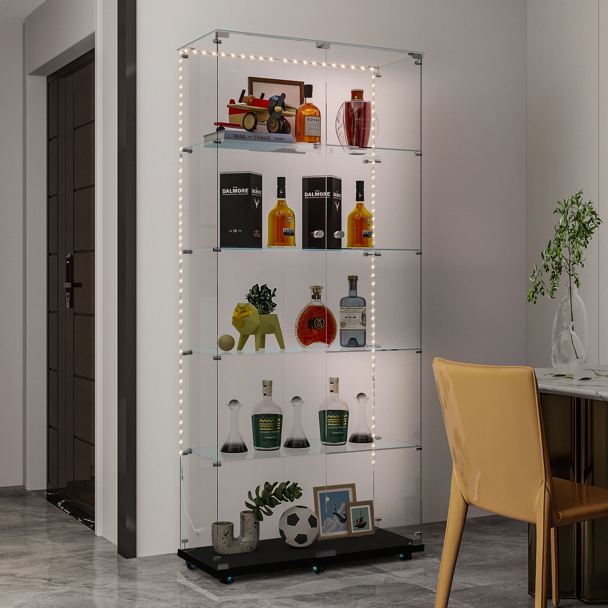 MAYEERTY 5 Tiers Glass Display Cabinet with Bluetooth LED Light Strips, Wine Storage Cabinet, Lock on Door, Tempered Glass Top, with Universal Wheels, Black