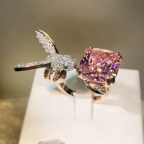 GKNET Natural Crystal Stone Bird 925 Silver Open Ring Women Creativity Delicate Jewelry 4 Color-Pink