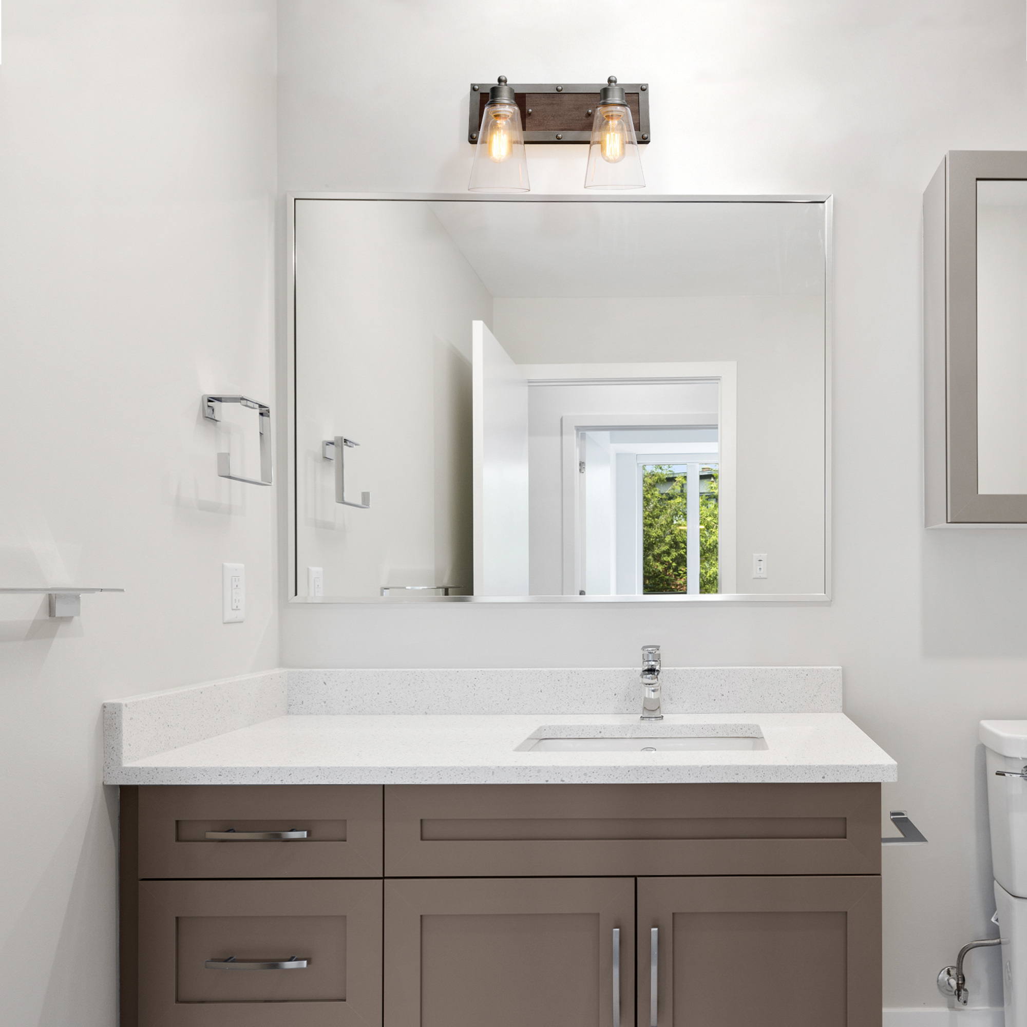 LNC Sabrina 14-in Antique Silver and Distressed Wood Bathroom Vanity Light, Farmhouse, 2-Light