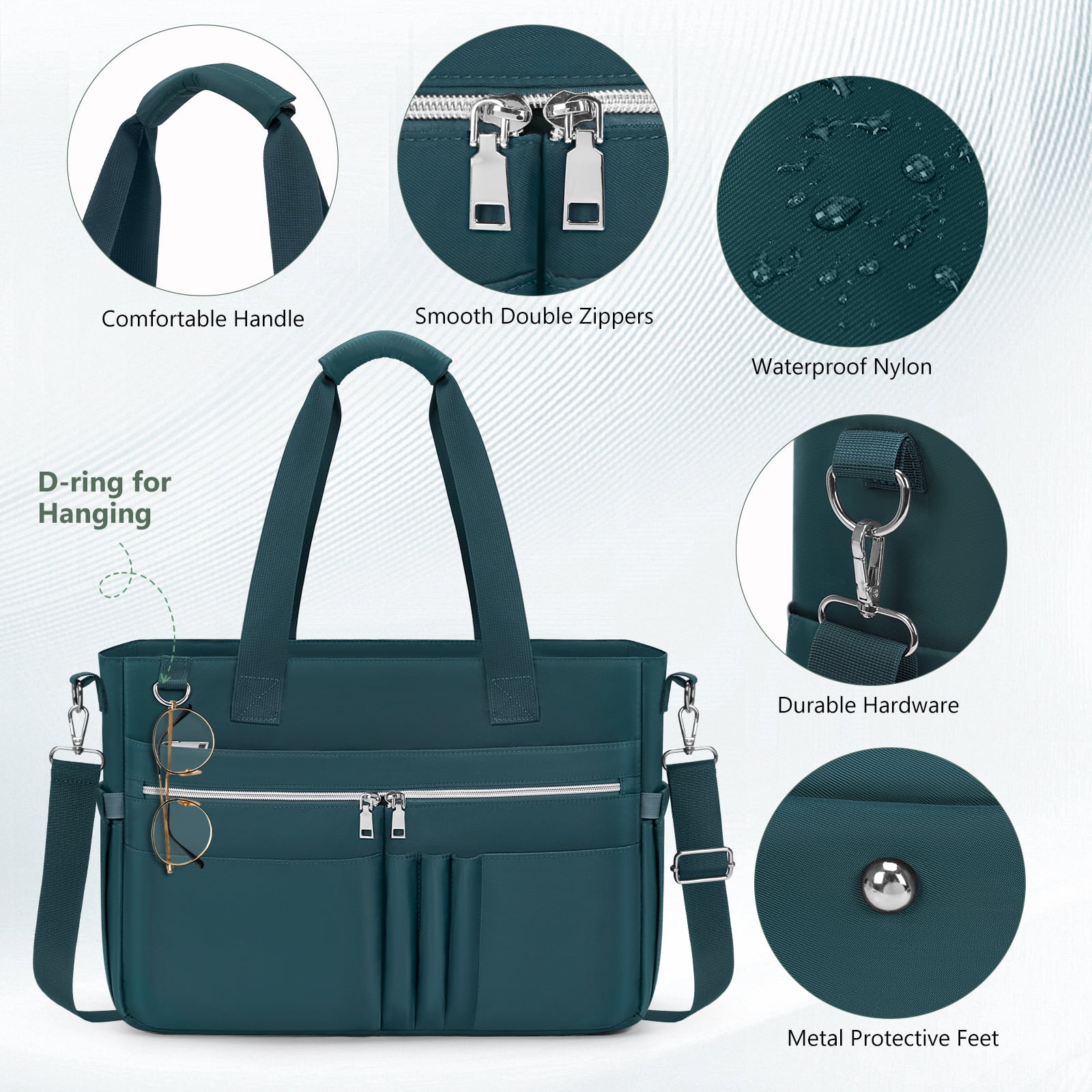 RAINSMORE Teacher Tote Bag for Women 15.6 Inch Laptop Briefcase with Clutch Bag, Nurse Bags Professional Work Handbag for Office College Nursing, Large Utility Tote Messenger Shoulder Bag,Dark Green