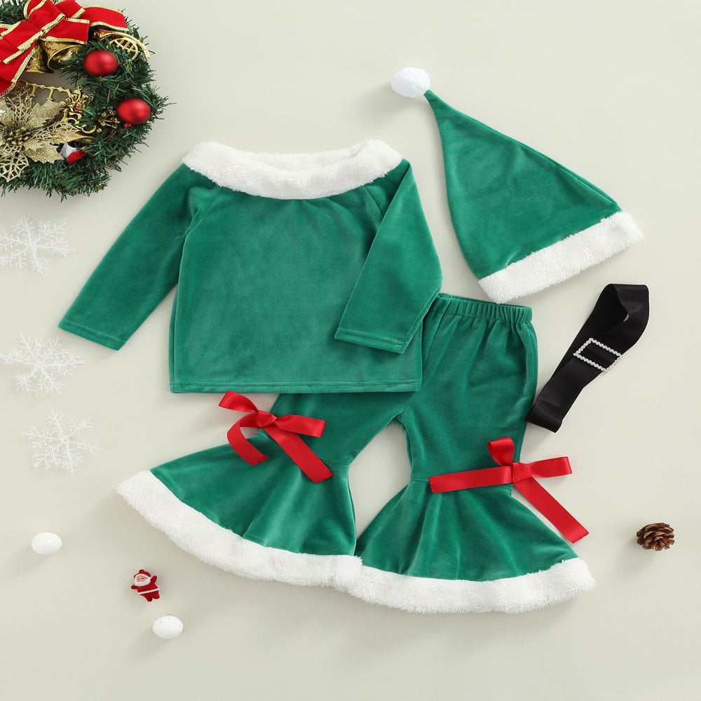 Baby Kids Girls Christmas Outfits Velvet Long Sleeve Tops Flare Pants with Hat Belt Green 12 18 Months