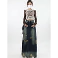 thumbnail image 5 of Summer Women Ripped Blue Denim Skirt Korean Style 2000s Vintage Long Skirt 90s Aesthetic Harajuku Y2k A-Line Skirt Clothes-Blue-XL, 5 of 6