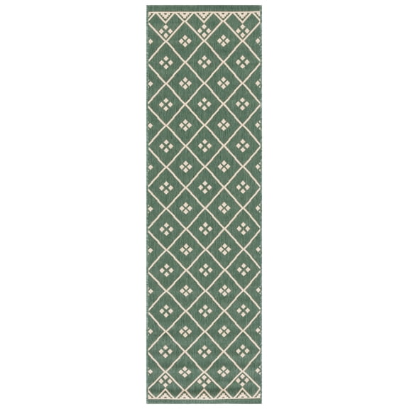 SAFAVIEH Courtyard Cori Bordered Indoor/Outdoor Runner Rug, Dark Green/Beige, 2'3" x 8'