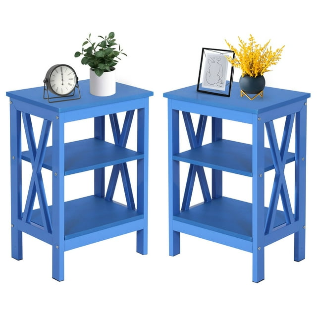 VECELO Ensemble de 2 Tables de Chevet Tables d'Extrémité avec Étagère de Rangement à 3 Niveaux, Table d'Appoint à Motif en X pour Salon, Chambre, Bleu Foncé