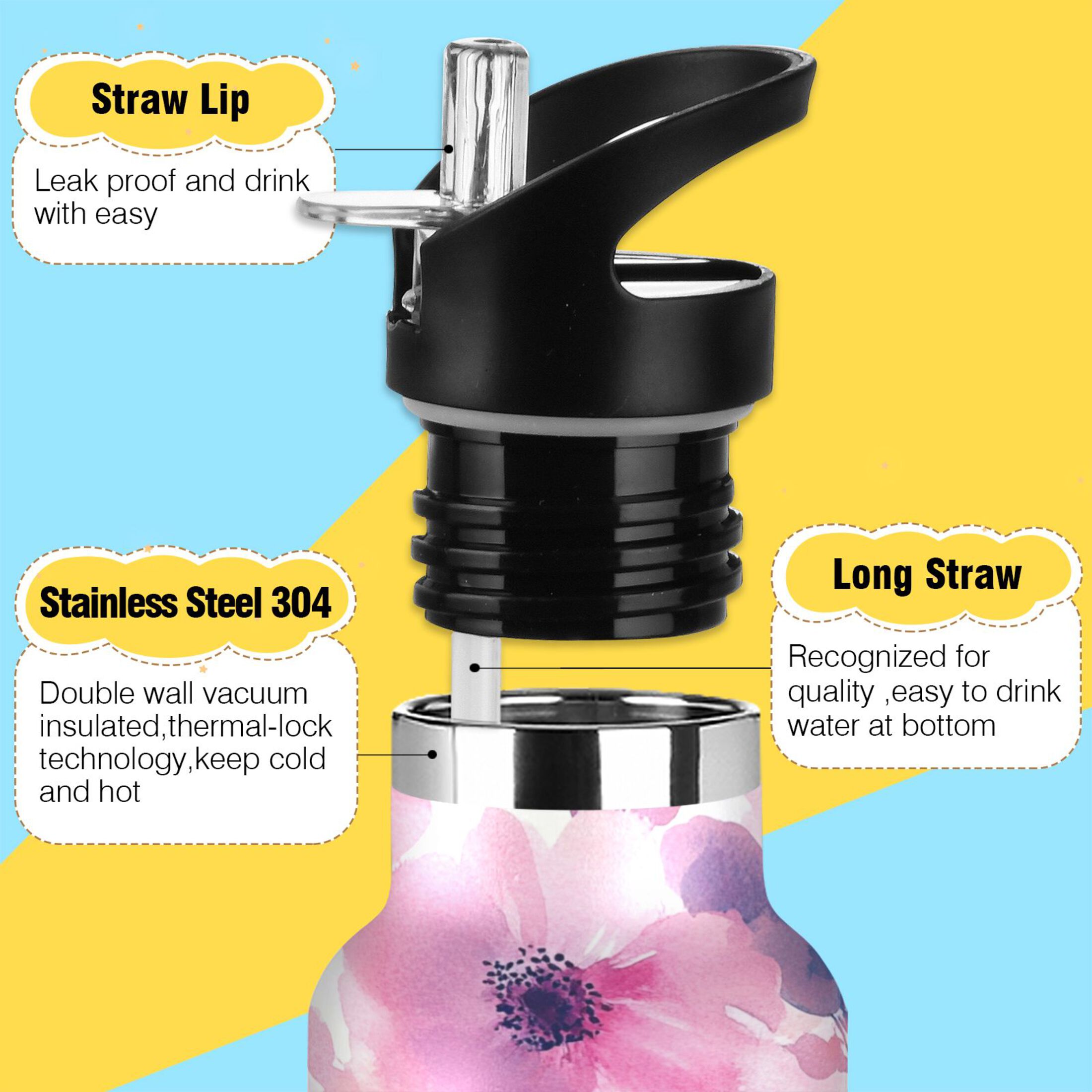 600ML Stainless Steel Insulated Cup Sports Water Bottle Portable Thermos Cup Water Glasses Insulated Tumblers Convenient and Durable Cream Flower