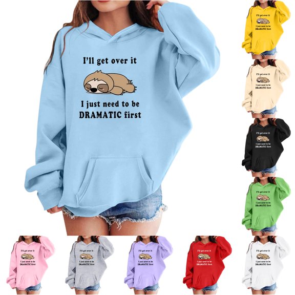 Trendfront Girls Cute Funny Cartoon Sloth Letter Graphic Hoodies Long Sleeve Kangaroo Pocket Fall Winter Casual Pullover Sweatshirt Tops