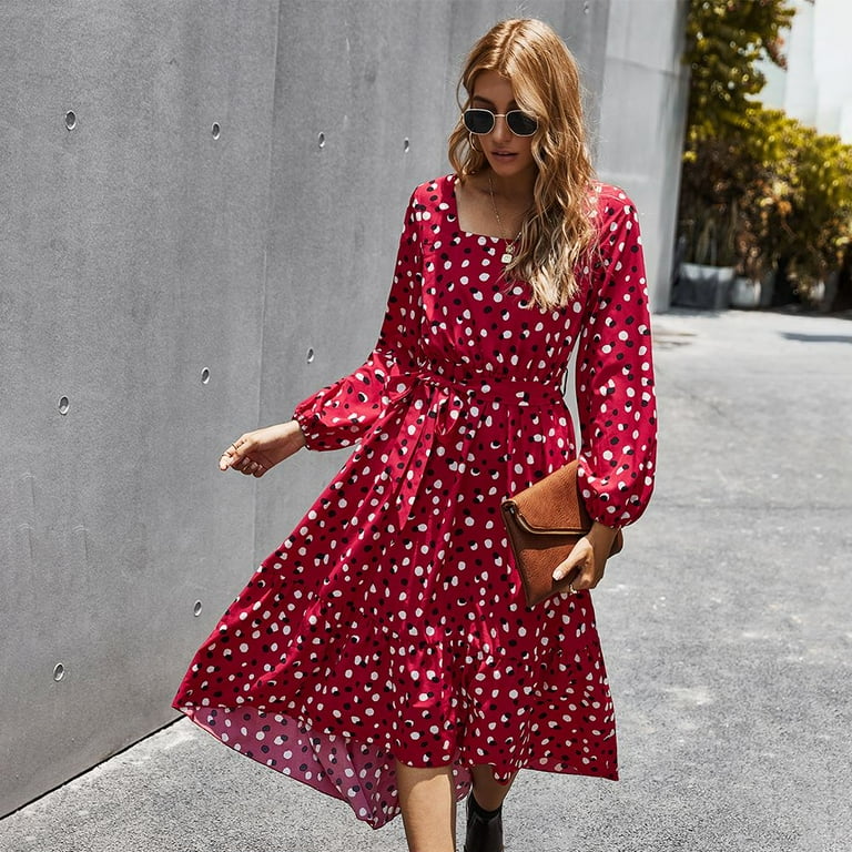 red long sleeve polka dot dress Wine Red Bishop Sleeve Polka Dot Midi Dress
