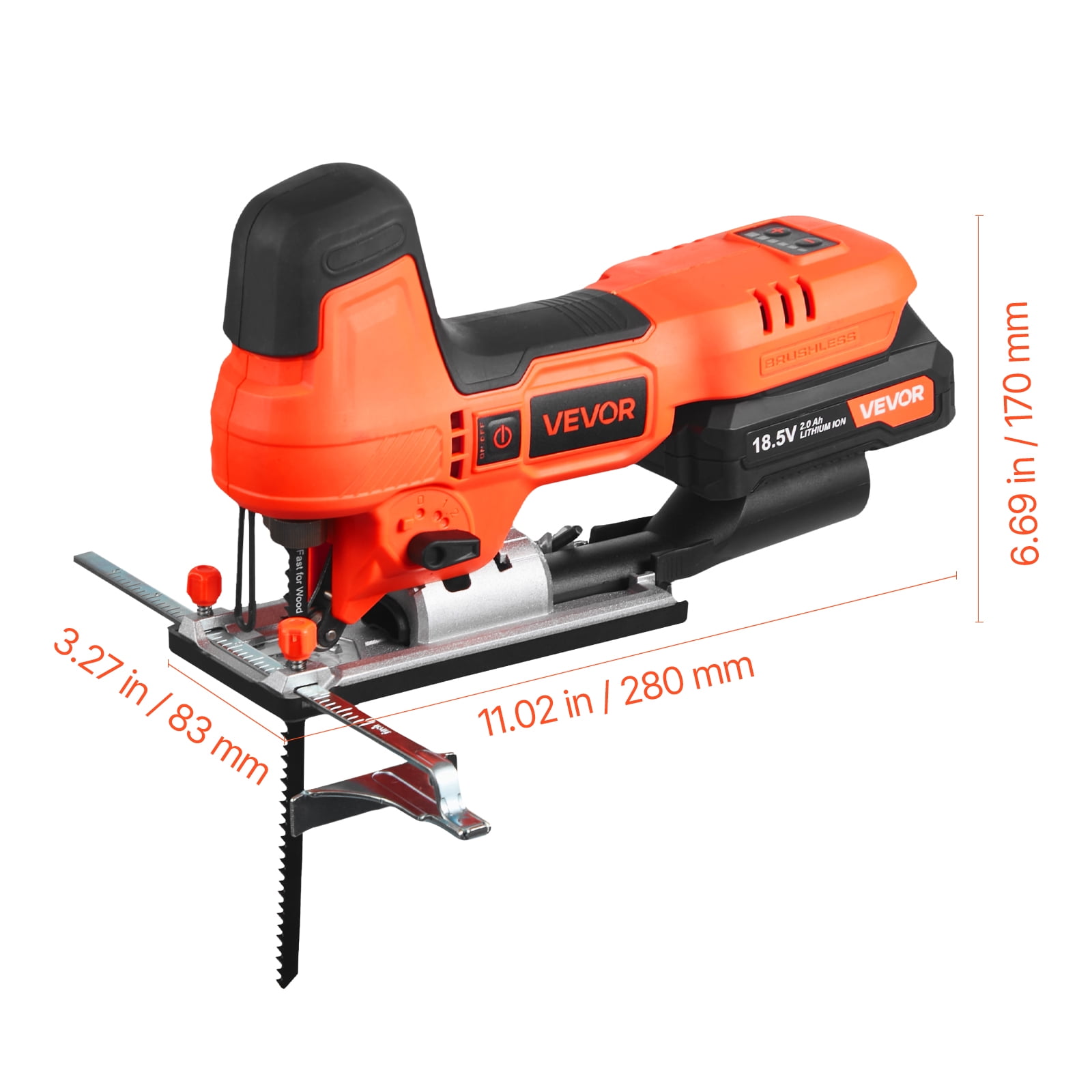 VEVOR Cordless Jig Saw, 20 V Brushless Motor, 3500 SPM Blade Speed, Cordless Jigsaw with 6 pcs Blades, LED Light, 6 Variable Speed, 0- 45° Bevel Cuts, 4 Orbital Settings for Straight/Circle Cutting