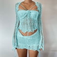 thumbnail image 2 of DHFJKG Skirt Set Women Summer 2 Piece Outfits Crochet Sexy Hollow Out Sequins Long Sleeve Crop Top Mini Skirts Party Going Out Wear Versatile Outfit, 2 of 5