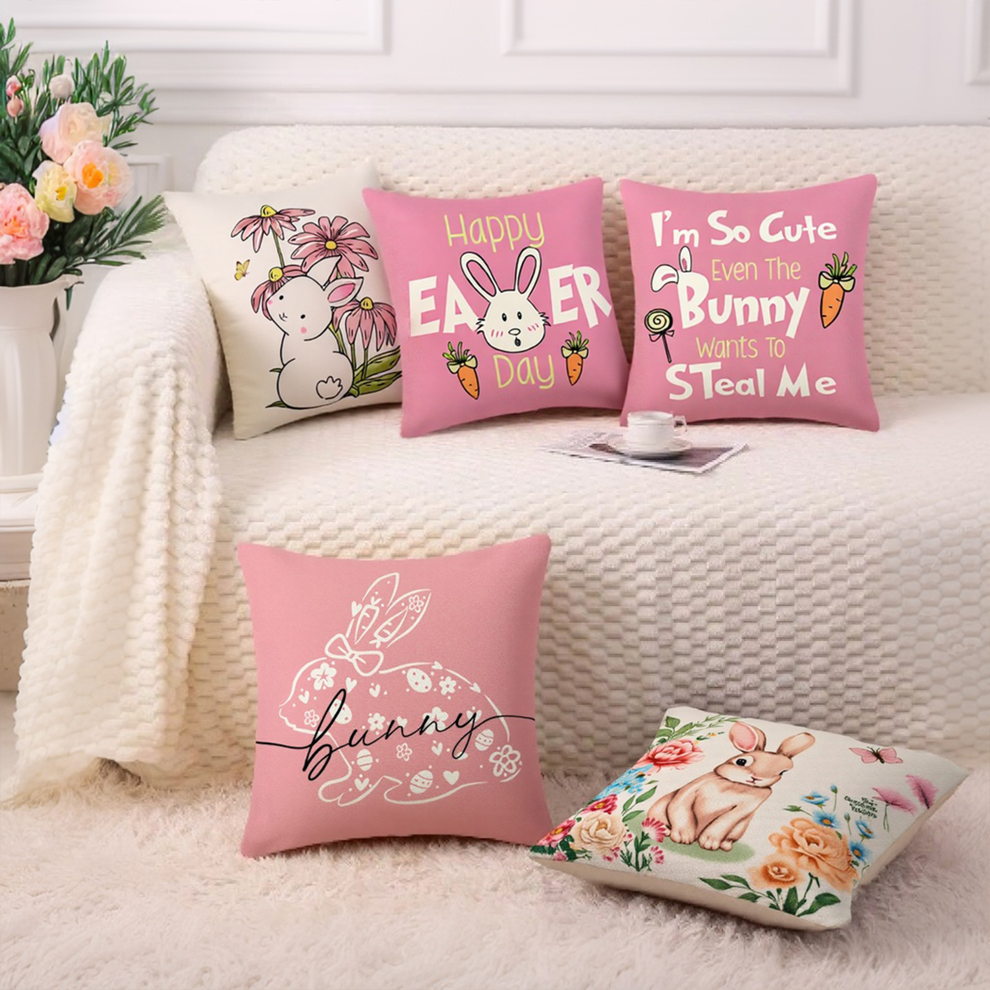 Unique Bargains Happy Easter Rabbit Throw Pillow Covers Set of 2 Flower Pattern 5