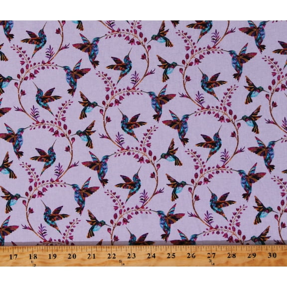 Cotton Hummingbirds Birds Flowers Mosaic-Look Swan Lakes Pink Cotton Fabric Print by the Yard (1634-20)