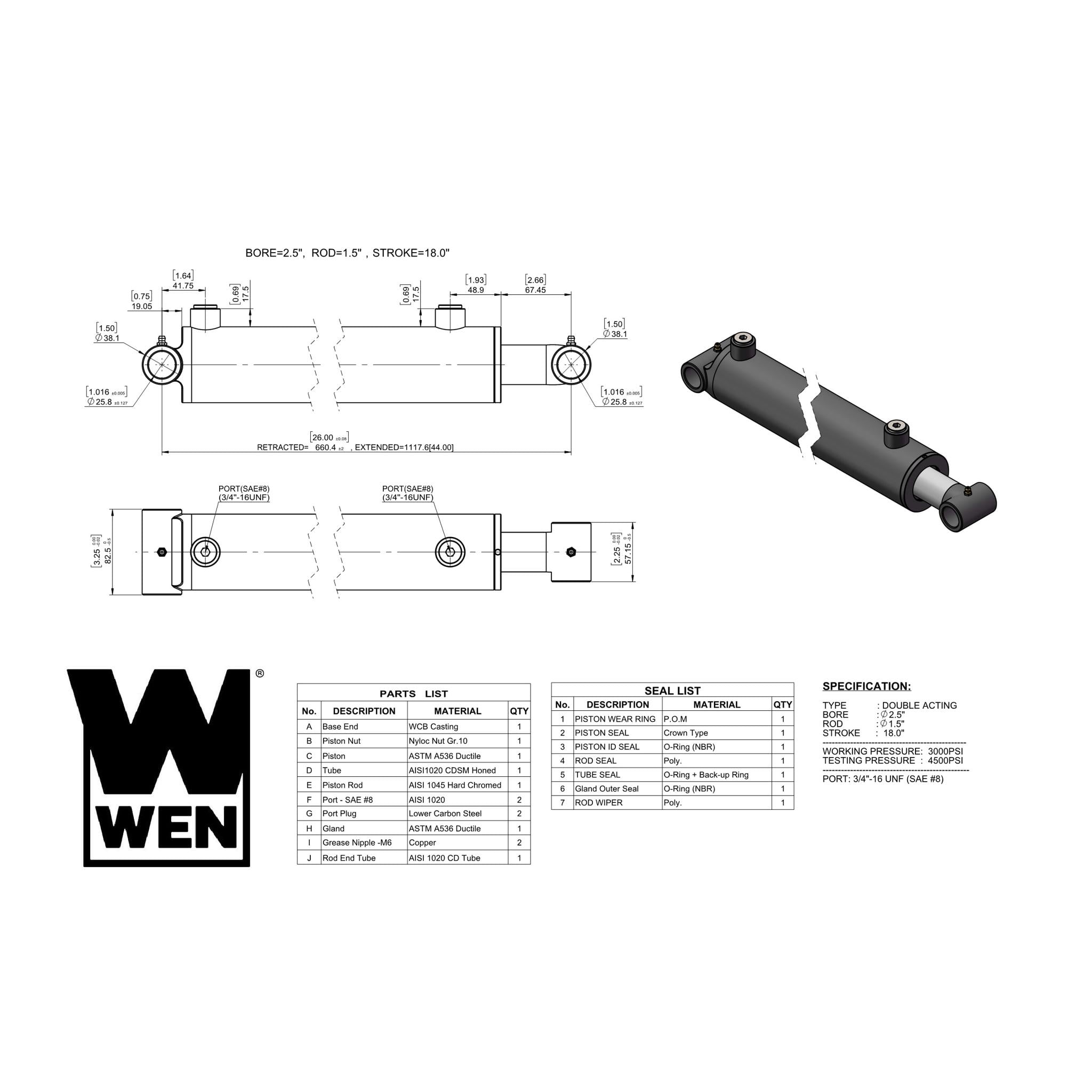 WEN Cross Tube Hydraulic Cylinder with 2.5-inch Bore and 18-inch Stroke (WT-2518)