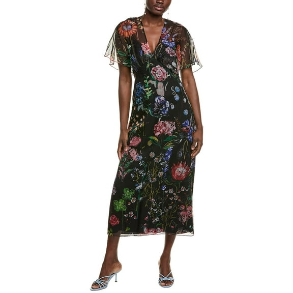 Lela Rose womens Cold-Shoulder Silk Midi Dress, 0, Black